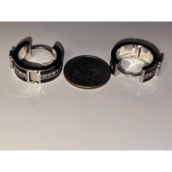 Tory Burch Kira Black & Silver Crystal Hoop Huggy Earrings w/TB Pouch - NWOT - Picture 4 of 8